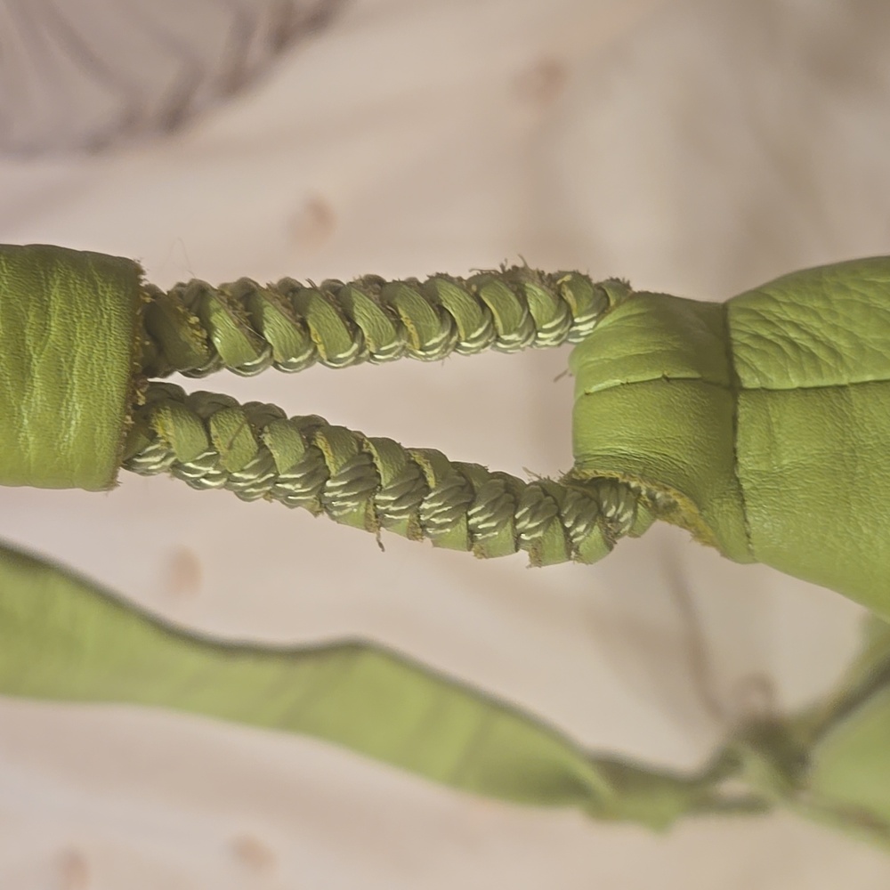 The Sak Lime Green Leather Boho Shoulder Bag Zip Close Beads Charms 15"w x11"h - Picture 7 of 10